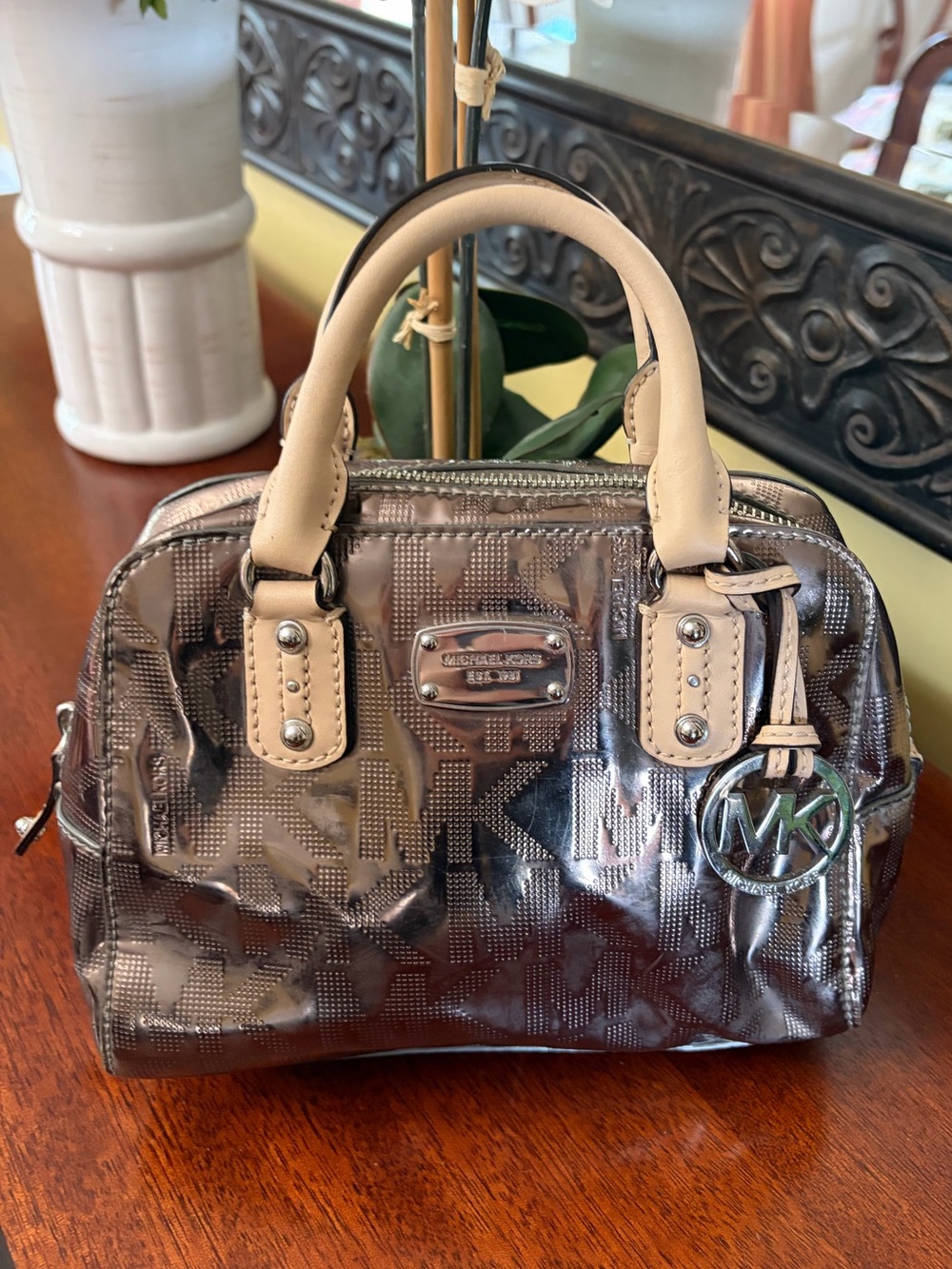 Michael Kors Metallic Silver Mini Satchel With MK Charm